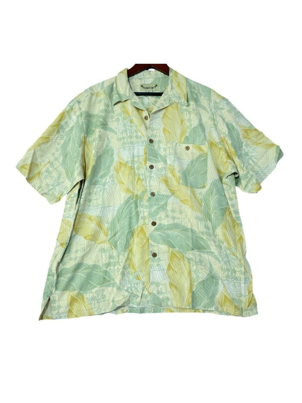 Paradise Coves Men's XL Hawaiian Shirt 100% Silk Green & Yellow Leaf Print C0927